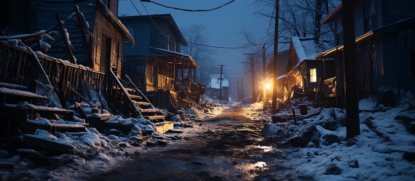 Old wooden houses in the village at night winter