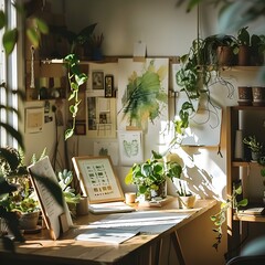 Cozy and Stylish Home Office Workspace with Rustic Wooden Shelves and Potted Plants