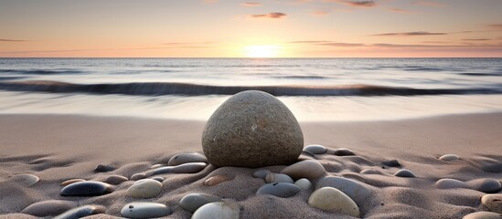 A Stone in the sand looks like a mediation calm view of the beach at sunset - obrazy, fototapety, plakaty