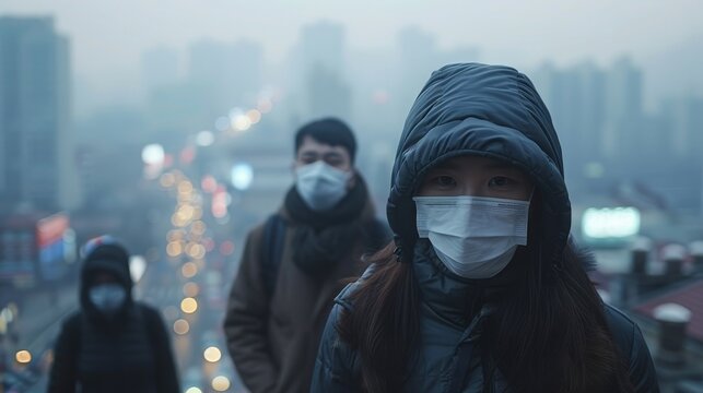 A modern city skyline shrouded in smog and pollution, with people wearing protective masks, highlighting the impact of environmental