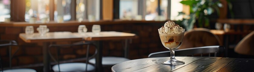 an affogato on a black wooden table in an aesthetic cafe , cozy afternoon  - obrazy, fototapety, plakaty