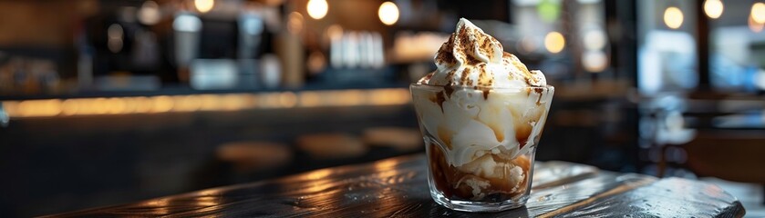 an affogato on a black wooden table in an aesthetic cafe , cozy afternoon - obrazy, fototapety, plakaty