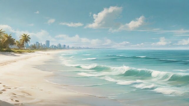 view of a beautiful sandy beach with white sand and calm rolling turquoise sea waves on a sunny day. generative ai
