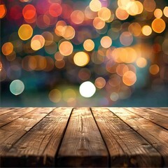 The empty wooden table top with blur background of restaurant at night. Exuberant image.