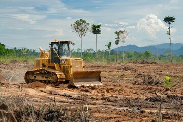A bulldozer clearing land for a new construction project, symbolizing the transformation of landscapes for development purposes, Generative AI