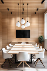A modern meeting room with a wooden feature wall, pendant lights, and a blank white empty frame.