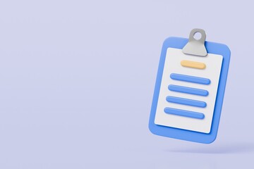 3D Blue Clipboard with paper notes icon symbol. Document for notes, contracts, schedule, work planning. Cartoon minimal style on isolated purple background. 3d rendering illustration..