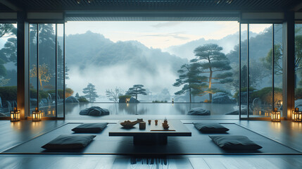 Tranquil Traditional Japanese Room with Zen Garden View - obrazy, fototapety, plakaty