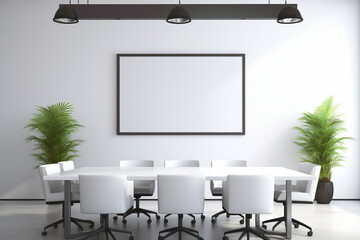 A modern meeting room with a whiteboard wall, pendant lights, and a blank white empty frame.