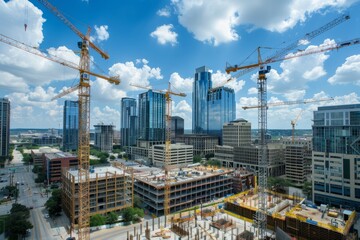 Construction cranes towering over a cityscape, symbolizing progress and development in urban environments, Generative AI
