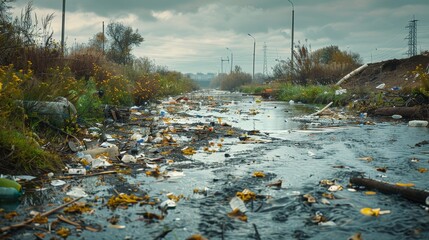 A polluted river or waterway with industrial waste and debris, showing the need for environmental protection and cleanup efforts