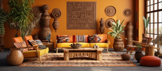 Vibrant living space featuring a yellow couch against vivid orange walls, creating a cheerful and colorful atmosphere - obrazy, fototapety, plakaty