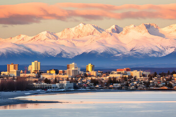 Fototapeta na wymiar Anchorage Skyline At Sunset: An Alluring Symphony of Urban and Natural Beauty in Alaska