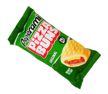 Peperami pizza buns, wheat pastry filled with tomato and herb pizza sauce salami and cheese in a 160g pack containing four pizza buns