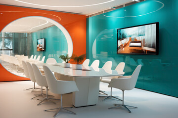 A modern meeting room with a mix of vibrant orange and turquoise walls, sleek white furniture, and a large interactive display for collaborative presentations.