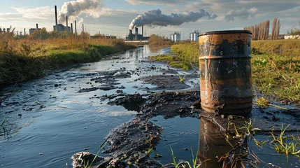 Foto op Plexiglas A polluted waterway contaminated with industrial waste, featuring toxic symbols and visible signs of environmental degradation  © Media Srock