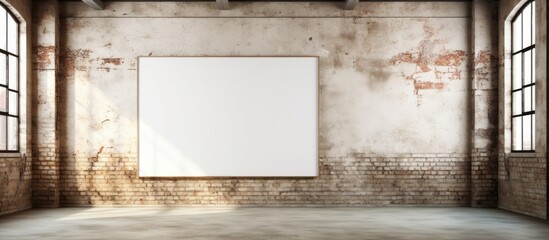 An empty rectangular room with a large whiteboard fixture hanging on the wood wall. The room has flooring made of composite material in various tints and shades