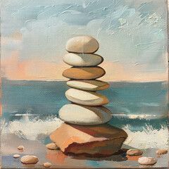 Embrace the harmony of nature with a stone stack balancing sea and sky, reflecting spiritualcore art. AI generative.