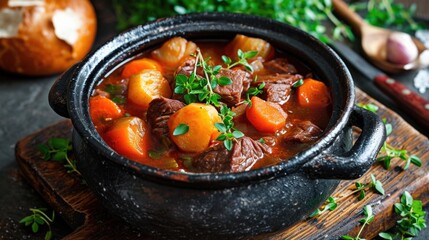 Large black pot of stew with meat and carrots