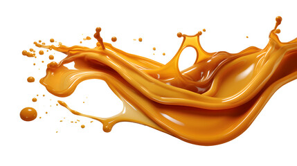 Pouring sweet caramel sauce on white and transparent background