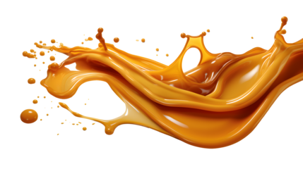 Pouring sweet caramel sauce on white and transparent background