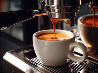 Coffee machine is pouring coffee into white cup
