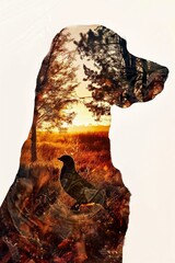 Double exposure Main image is the silhouette of a German Shorthaired Pointer, inside the silhouette is a countryside with pheasant in south dakota 