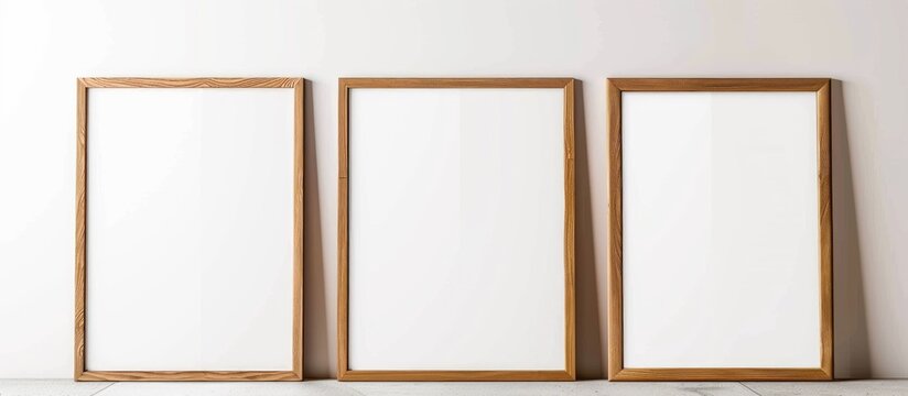Three large wooden frame mockups in sizes 50x70, 20x28, A3, and A4 displayed on a white wall for poster mockups. The frames have a clean, modern, and minimal design,