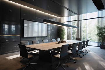 A modern meeting room with a monochromatic color scheme of varying shades of gray, sleek metallic accents, and a large LED screen for presentations.