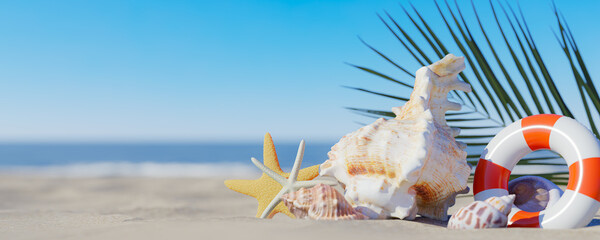 Background with blue sky and sea shells on the sand. 3d rendering