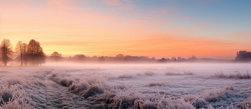 Frosty meadow at sunrise. Panoramic image.