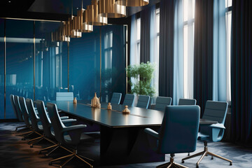A modern meeting room with a monochromatic color scheme of varying shades of blue, sleek metallic accents, and a large conference table for productive discussions.