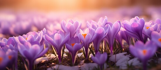 A beautiful field of purple irises and snow crocuses growing among the grass, creating a stunning natural landscape of colorful flowering plants - obrazy, fototapety, plakaty