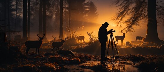 Foggy landscape with a man and a deer in the forest