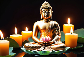 Buddha statue with Lotus flower and Candle light side on river. Generative AI