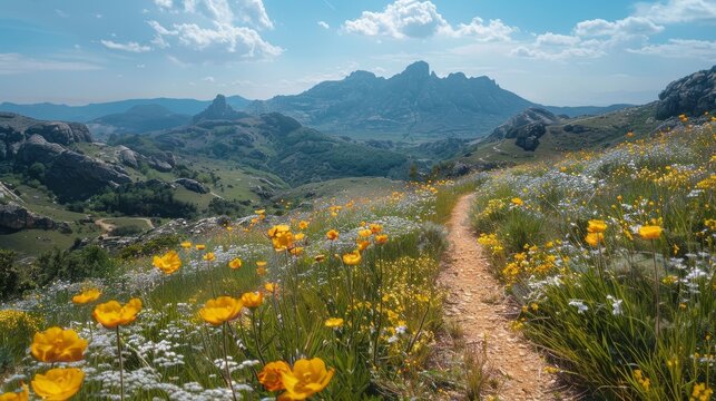 A scenic hiking trail winding through a mountainous landscape dotted with blooming flowers