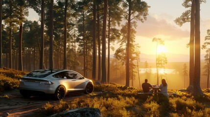 A image of a family enjoying a picnic beside their electric car enveloped by a serene forest landscape as the sun sets, AI Generative