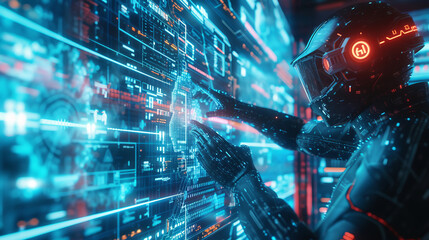 A futuristic depiction of a cybersecurity professional deploying advanced AI and machine learning algorithms to protect against cyber threats, AI Generative