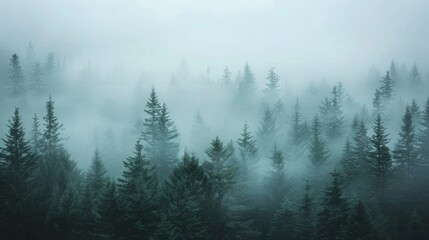 A serene fir forest shrouded in mist, with the scene rendered in a hipster vintage retro style that highlights the tranquil beauty of the landscape, AI Generative - obrazy, fototapety, plakaty