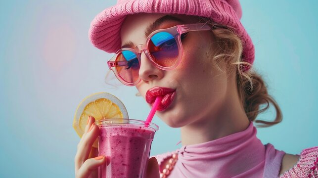 Photography of a celebrity wearing an outfit with the word on it, drinking a raspberry smoothie 