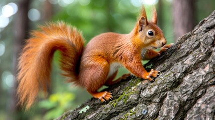 Naklejka na ściany i meble Curious red squirrel perched on a tree, its bushy tail and bright eyes capturing the essence of woodland curiosity, AI Generative