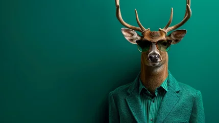 Foto op Canvas Deer with flair, suited in hipster style, sunglasses on, boss of Christmas, pastel teal green elegance, holiday creativity unleashed, AI Generative © sorapop
