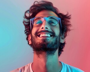 portrait of modern pakistan man smiling in round blue glasses on light red and light blue gradient background in the style of photorealistic, elegant - obrazy, fototapety, plakaty