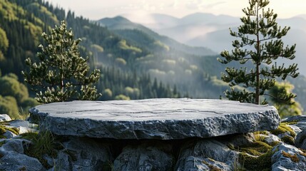 Flat stone podium, gray rock platform, green forest and blue horizon, scenic landscape for product display, soft daylight ambiance, AI Generative