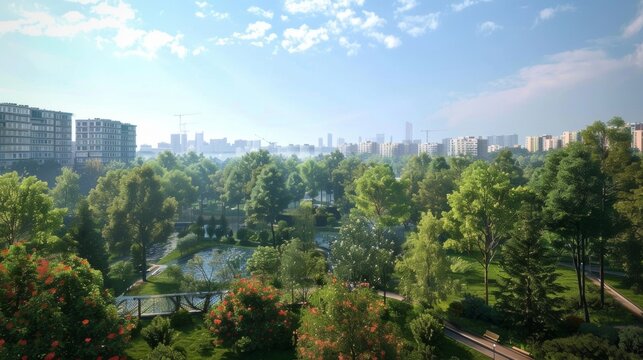 In the distance the buildings and streets create a busy backdrop for the tranquil urban parkland below. The rooftop offers a peaceful escape from the bustling city with a