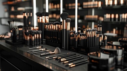 Makeup artist's toolkit, professional brushes and makeup products, detailed and comprehensive arrangement, gentle ambient lighting AI Generative - obrazy, fototapety, plakaty