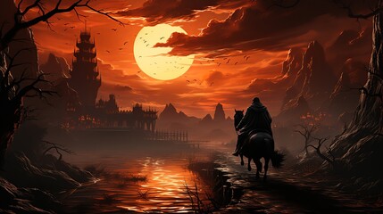 Fantasy moonlight with silhouette of the horse rearing up