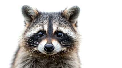 Fototapeta premium Portrait of a cute funny raccoon, its curious eyes and playful demeanor captured in stunning detail, isolated against a pristine white background, AI Generative