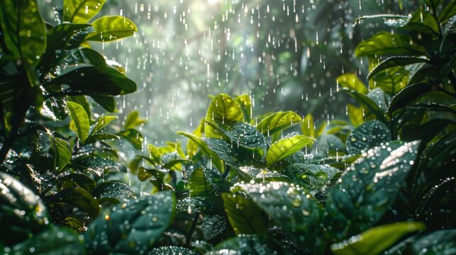 Lush, verdant jungle canopy, heavy monsoon rain, mysterious, life-filled, AI Generative