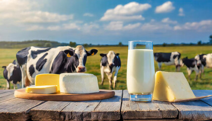 ホルスタイン牛のいる牧場。牛乳、チーズ、バナーの乳製品が並ぶイメージ素材。A farm with Holstein cows. Image material with milk, cheese, banner dairy products lined up. - obrazy, fototapety, plakaty